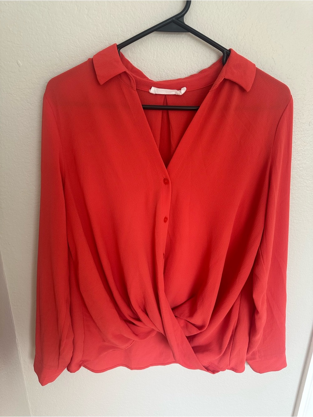 All in Favor Coral Twist-Front Collared Blouse